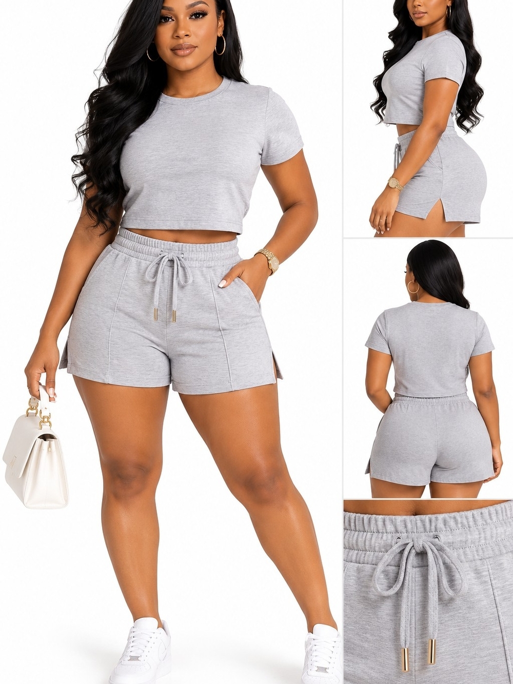 Women’s Drawstring  Short Set Light Gray